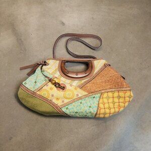 Fossil Patchwork Purse Canvas Rattan Wood Handle Detachable Leather Strap Pocket